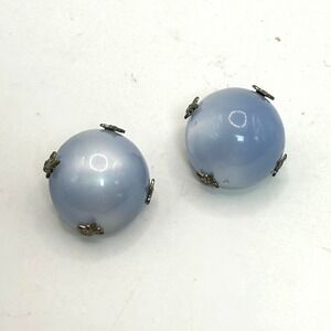 Vintage Blue Glass Ball Clip On Earrings Large Round Bead Silver Tone Caps